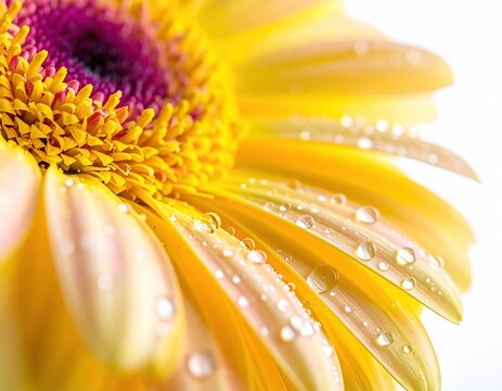 Vibrant yellow Gerbera daisy petals covered in glistening water droplets, close-up