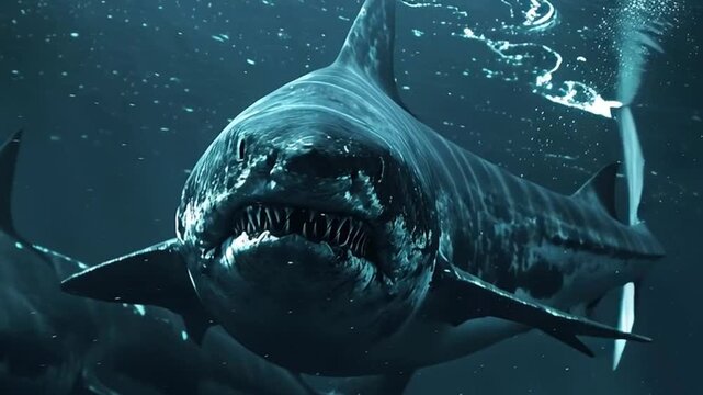 Menacing great white shark swimming in the deep blue ocean, opening its mouth and showing rows of sharp, dangerous teeth while hunting for prey in its natural aquatic habitat