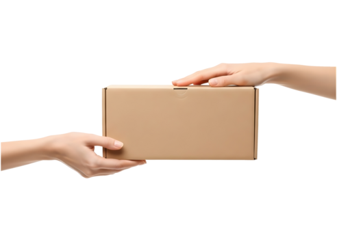 Hands passing a cardboard box isolated on transparent background