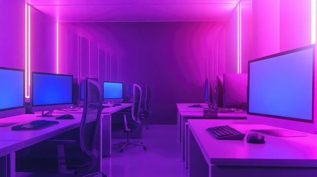 Modern office interior with glowing neon purple light