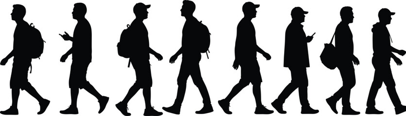 Walking cycle silhouettes, human motion, black figures, animation reference, biomechanics study, casual walk, vector art, motion sequence, loop frame