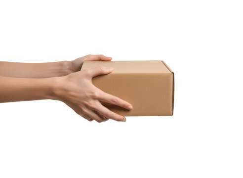 Hands holding a cardboard box isolated on transparent background
