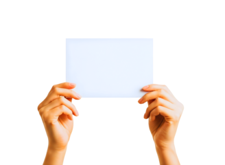 Hands holding a blank white card isolated on transparent background