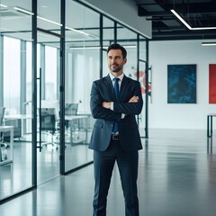 Fototapeta premium A confident businessman stands with arms crossed in a modern office with glass walls and artwork