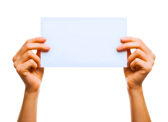 Hands holding a blank white card isolated on transparent background