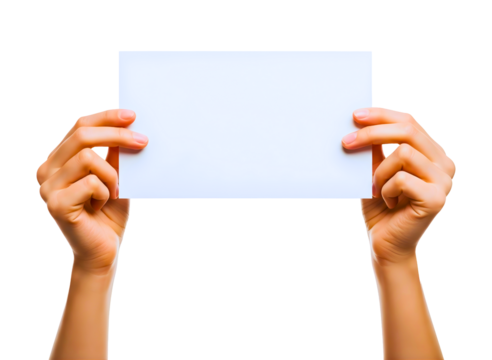 Hands holding a blank white card isolated on transparent background