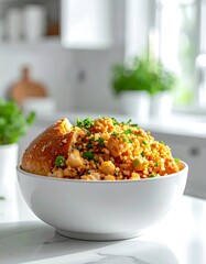 Close-up of a bowl filled with food in a bright kitchen