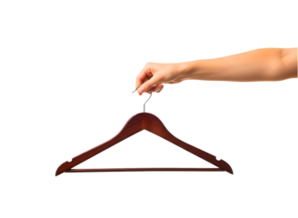Hand holding a wooden clothes hanger isolated on transparent background