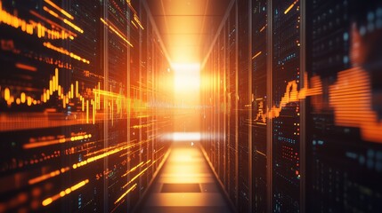 Server room showing financial data processing and global network