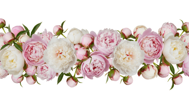 Elegant seamless border of delicate pink and white peony flowers and buds, perfect for spring designs, wedding invitations, or decorative floral arrangements on a pure white background