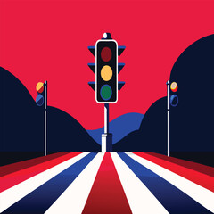 Traffic Lights and Zebra Crossing at Sunset, Graphic Illustration in Striking Red and Blue Color Palette, Urban Safety Concept