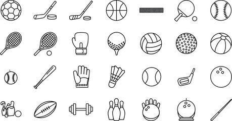 Sports Equipment Balls and Games Outline Icon Set Vector