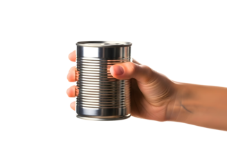Hand holding a tin can isolated on transparent background