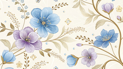Floral pattern with blue and purple flowers and beige leaves 3d wallpaper home decoration custom 3d photo wallpaper panaflex design for wall hd background