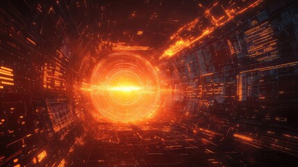 Digital data network tunnel with glowing orange light