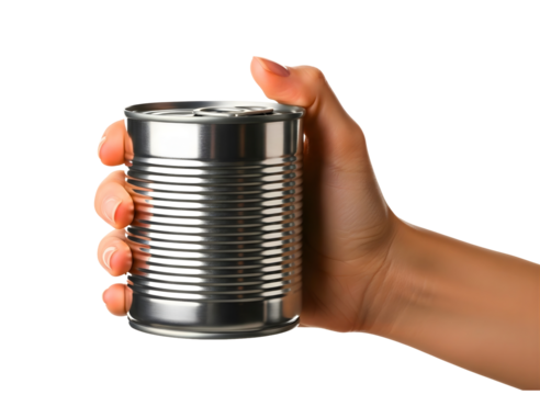 Hand holding a tin can isolated on transparent background - Powered by Adobe