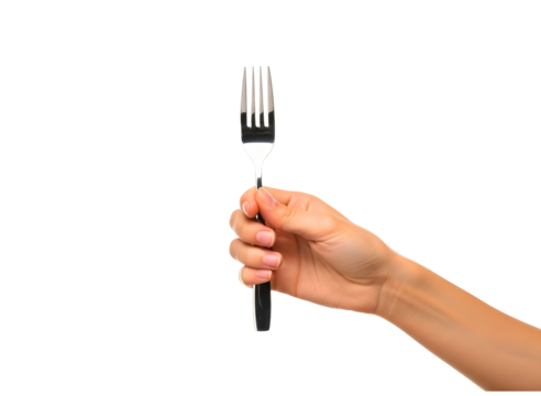 Hand holding a black fork isolated on transparent background
