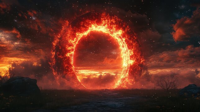 Burning fiery portal opening in a dark fantasy landscape