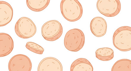 Illustration of numerous sliced and whole potatoes scattered across a light background, evoking a sense of abundance and natural ingredients for cooking and healthy eating