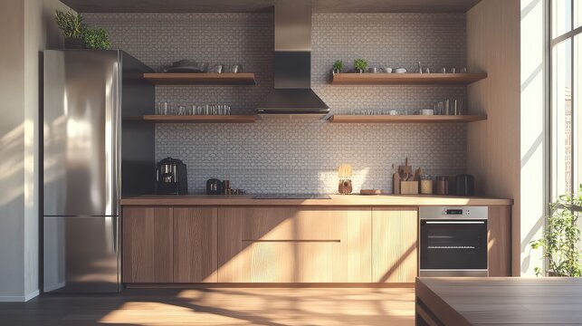 Modern kitchen interior with minimalist wood design and sunlit atmosphere