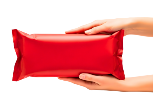 Hands holding a red rectangular package isolated on transparent background