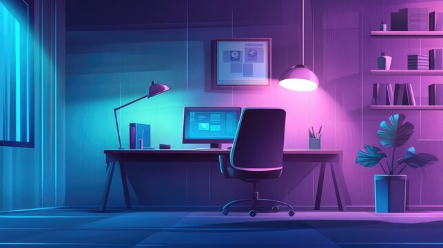 Empty home office with glowing holographic screens in neon light