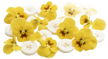 Yellow pansies scattered over sliced bananas, a vibrant and delightful natural composition