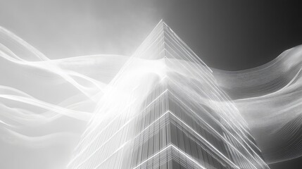 Futuristic building with flowing digital data stream lines