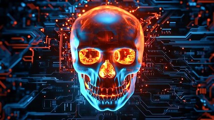 Glowing digital skull representing a computer virus or malware, symbolizing cybercrime, hacking, and the dangers of artificial intelligence on a futuristic electronic circuit background - Powered by Adobe
