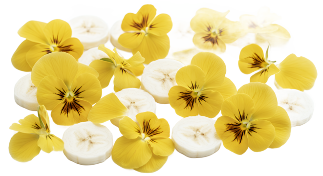 Yellow pansies scattered over sliced bananas, a vibrant and delightful natural composition