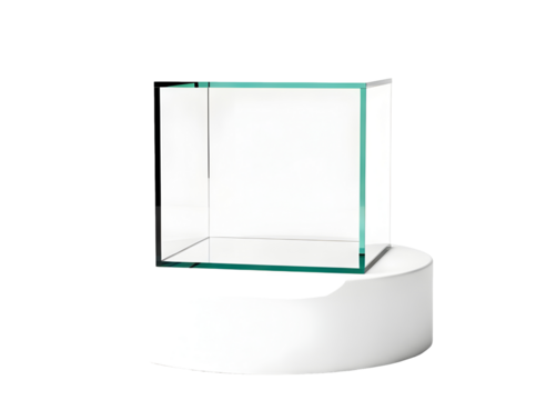 Empty glass cube on a white pedestal isolated on transparent background