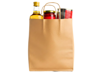 Brown paper grocery bag with food items isolated on transparent background