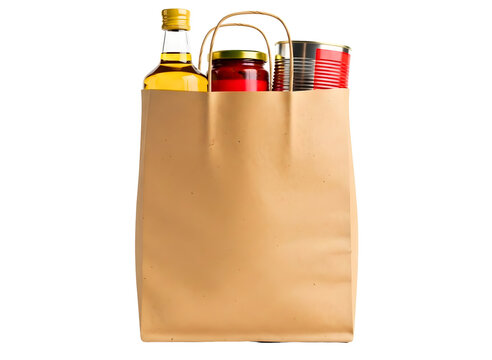 Brown paper grocery bag with food items isolated on transparent background