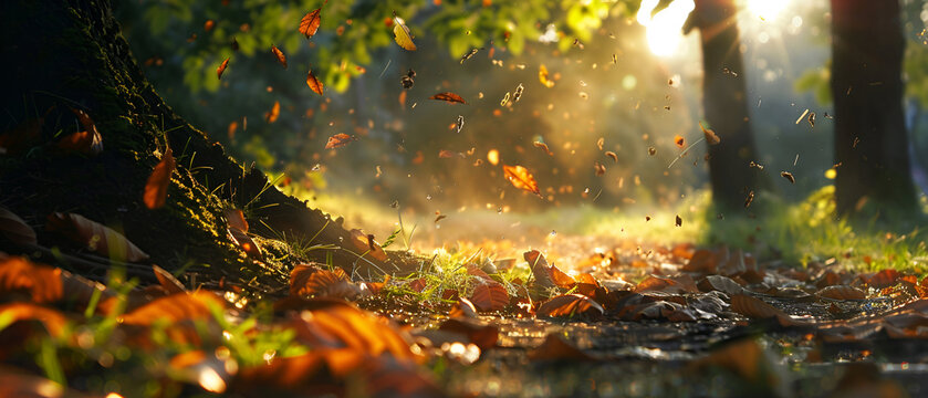 Golden brown leaves scatter over an outdoor path, with sunlight. Fall scene for wallpaper, backdrop, or poster design.