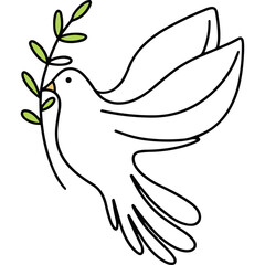 White Dove Carrying Green Olive Branch Symbolizing Peace and Hope Clean Line Art Illustration on Transparent Background Ideal for Religious and Spiritual Themes