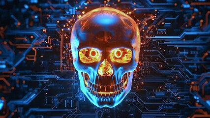 Futuristic digital skull with glowing eyes processing data against a complex circuit board, representing concepts of cybercrime, hacking, malware, artificial intelligence, and digital threats - Powered by Adobe