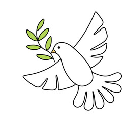 White Dove Flying with Green Olive Branch Against Transparent Background Symbolizing Peace and Hope Detailed Outline Art