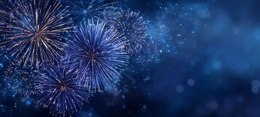 Blue night sky filled with golden and purple fireworks bursting in celebration of new year festival