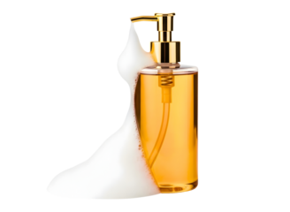 Clear liquid soap dispenser with golden pump isolated on transparent background