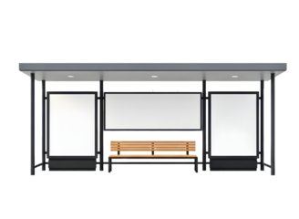 Modern bus stop shelter with bench and advertising space isolated on transparent background