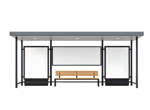 Modern bus stop shelter with bench and advertising space isolated on transparent background