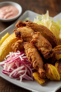 Honduran Pollo con Tajadas &mdash; golden fried chicken over crispy plantain strips with cabbage slaw and pink sauce. Honduras traditional authentic food. Central American cuisine