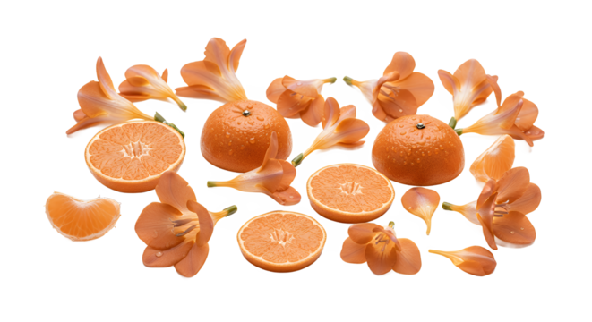 Vibrant composition of fresh mandarin oranges and delicate blooming freesia flowers on a clean white background