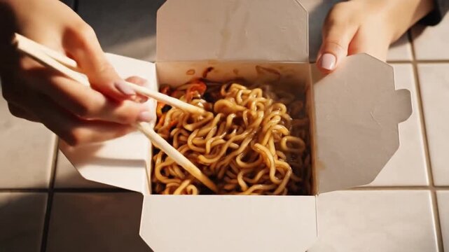 A person lifting noodles with chopsticks from a white food box
