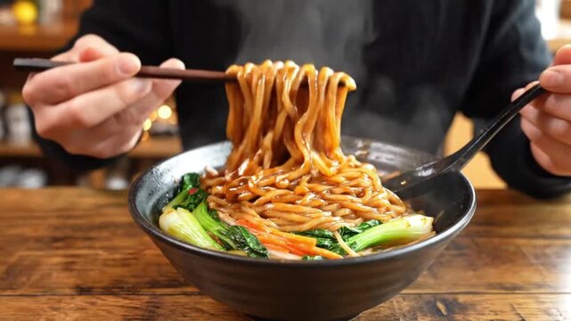 A person lifting noodles with chopsticks from a black bowl

