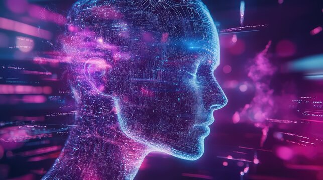 Artificial intelligence human head wireframe experiencing data flow