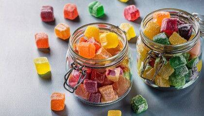 Assorted Colorful Candied Fruit Cubes In Glass Jars Sweet Culinary Treat Overhead Still Life
