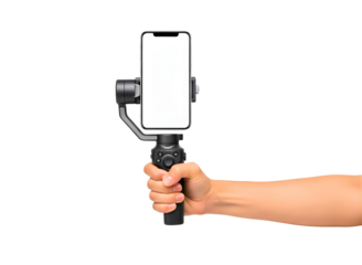 Hand holding smartphone gimbal isolated on transparent background