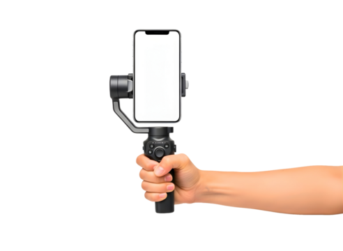Hand holding smartphone gimbal isolated on transparent background