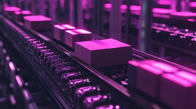 Automated warehouse conveyor system transporting boxes in purple light